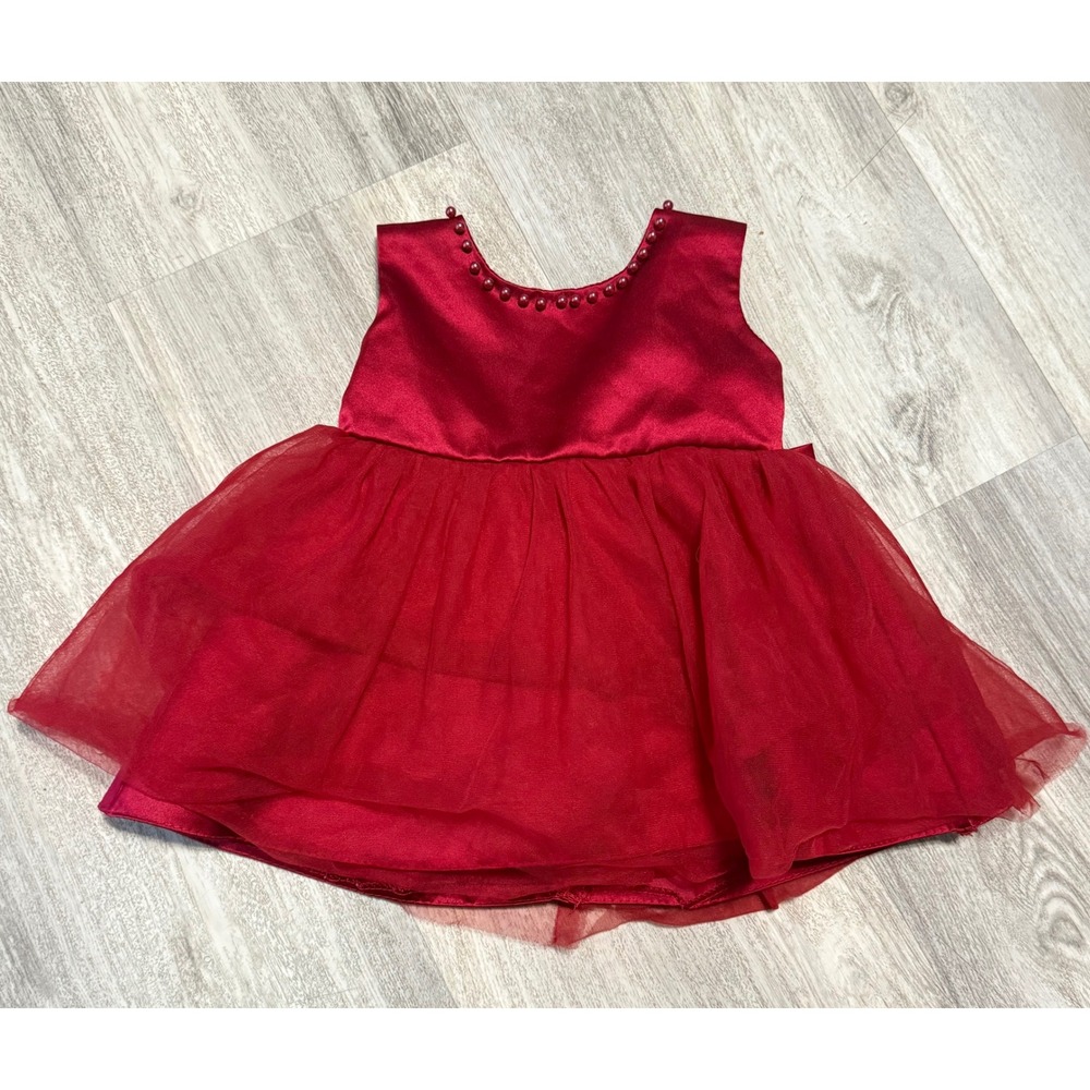 Girls Burgundy Satin Tulle Dress Big Bow Pearls Special Occasion 6 9 Months - Picture 3 of 4